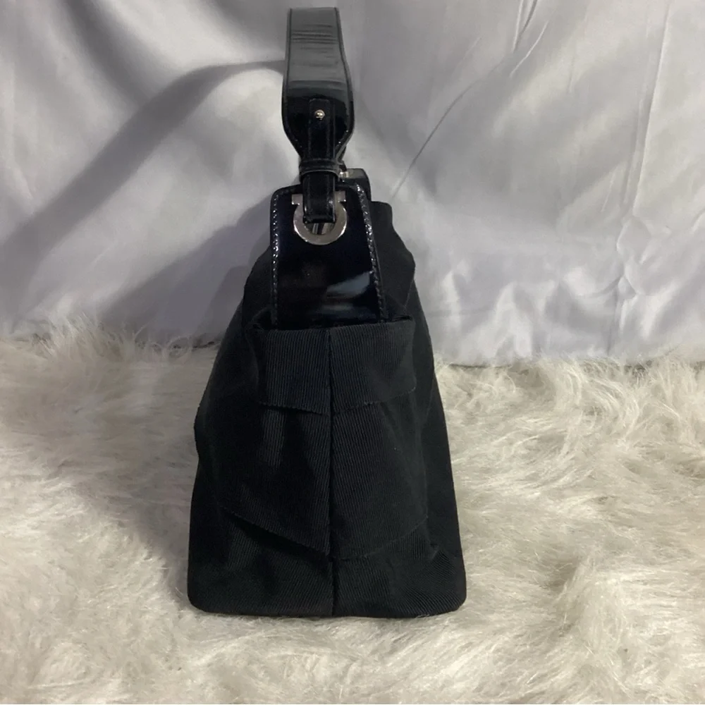 SOLD……..Salvatore Ferragamo Small Black Canvas Patent Leather Shoulder Bag VGUC - Picture 4 of 11